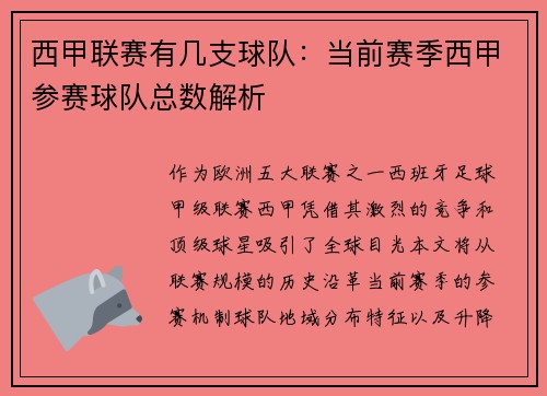 西甲联赛有几支球队：当前赛季西甲参赛球队总数解析